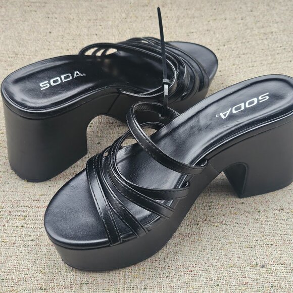 Soda Shoes - SODA Women Strappy Wedge Heel Sandal Black Vegan Faux Leather Shoes Size 6M